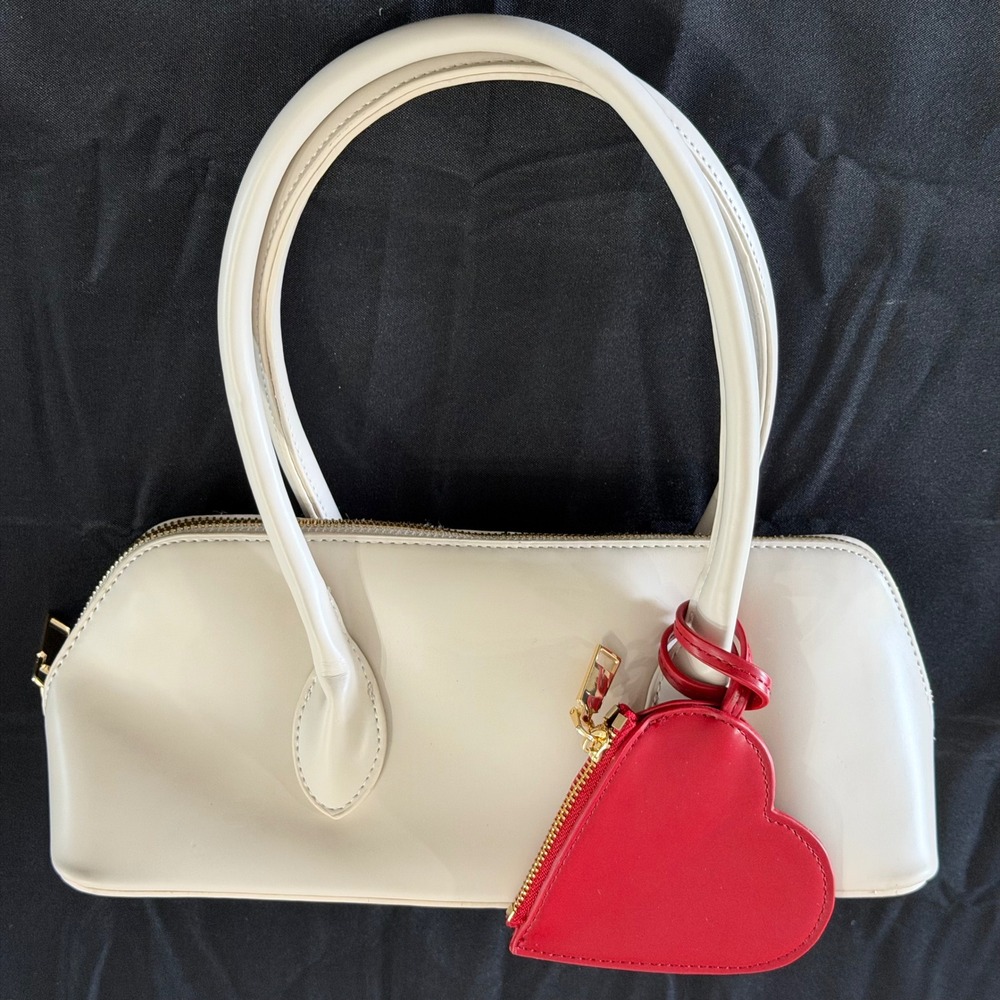 Urban Expressions Cream Structured Baguette Shoulder Purse wRed Heart Coin Pouch